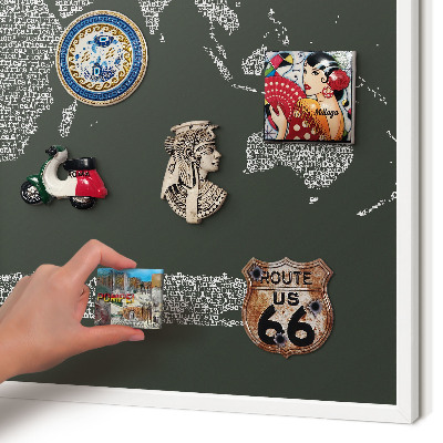 Magnetic board for travel magnets in a white frame Text map