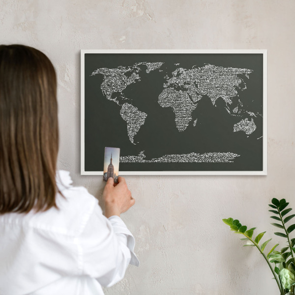 Magnetic board for travel magnets in a white frame Text map