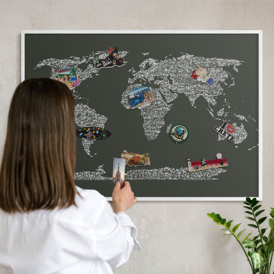Magnetic board for travel magnets in a white frame Text map