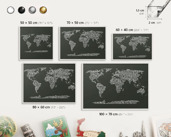 Magnetic board for travel magnets in a white frame Text map