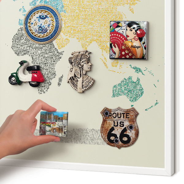 Decorative magnet board with a white frame World map