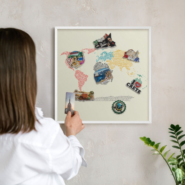 Decorative magnet board with a white frame World map