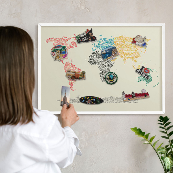 Decorative magnet board with a white frame World map