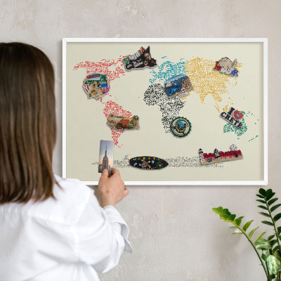 Decorative magnet board with a white frame World map