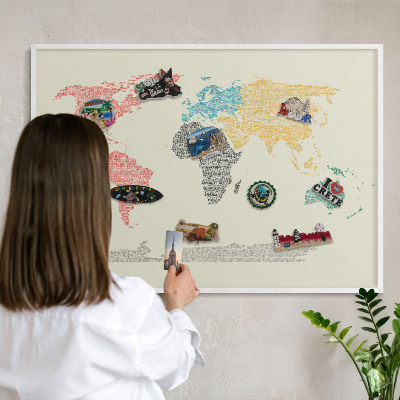 Decorative magnet board with a white frame World map