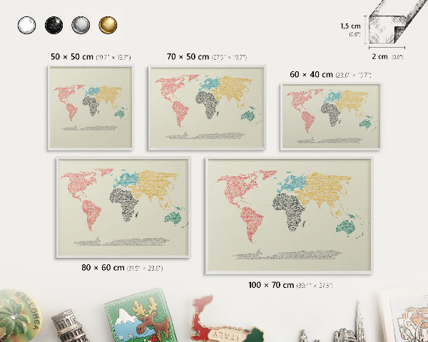 Decorative magnet board with a white frame World map