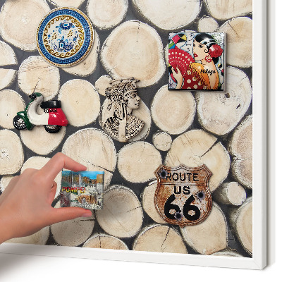 Magnetic board for travel magnets in a white frame Wooden texture
