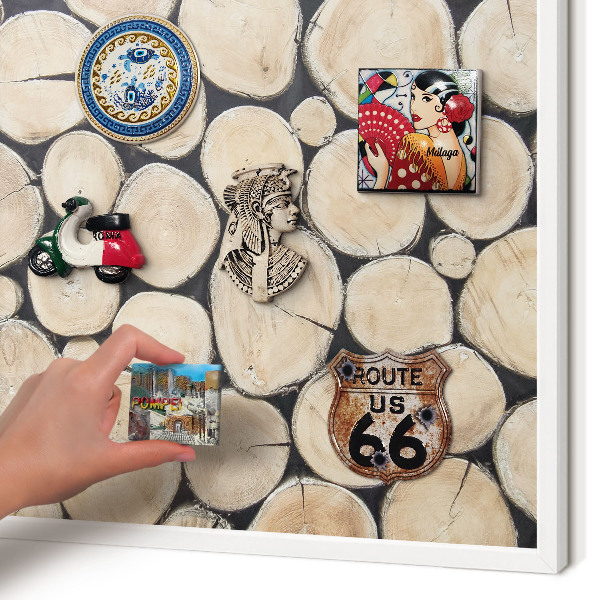 Magnetic board for travel magnets in a white frame Wooden texture