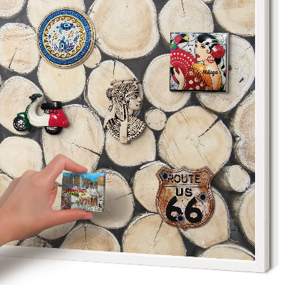 Magnetic board for travel magnets in a white frame Wooden texture
