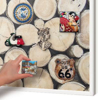 Magnetic board for travel magnets in a white frame Wooden texture