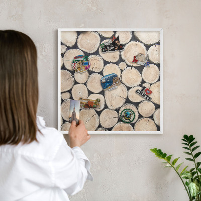 Magnetic board for travel magnets in a white frame Wooden texture