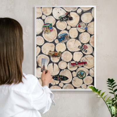 Magnetic board for travel magnets in a white frame Wooden texture