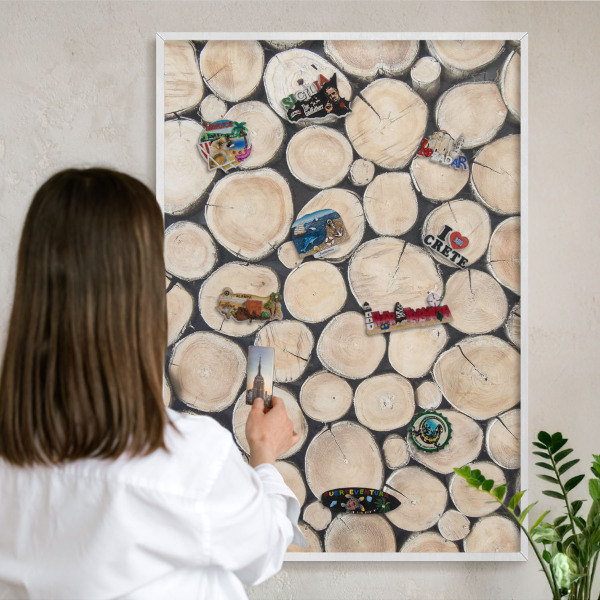 Magnetic board for travel magnets in a white frame Wooden texture