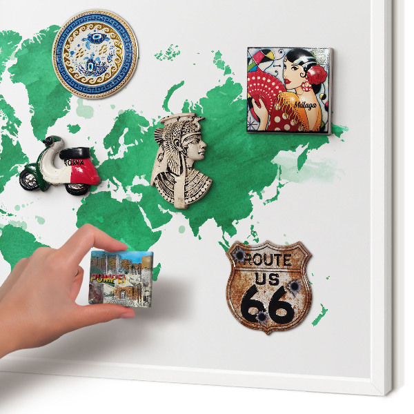 Magnetic board for travel magnets in a white frame Green map