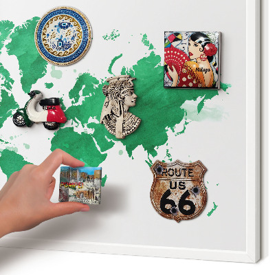 Magnetic board for travel magnets in a white frame Green map