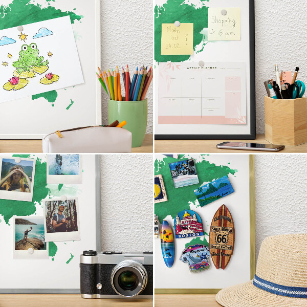 Magnetic board for travel magnets in a white frame Green map