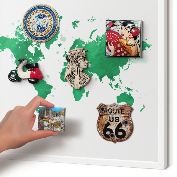 Magnetic board for travel magnets in a white frame Green map