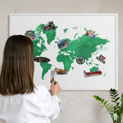 Magnetic board for travel magnets in a white frame Green map