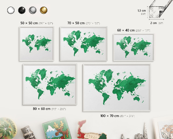 Magnetic board for travel magnets in a white frame Green map