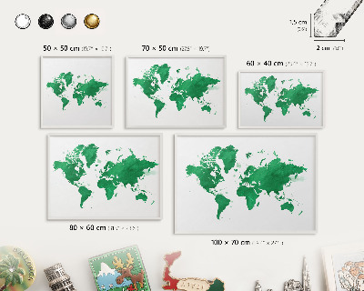 Magnetic board for travel magnets in a white frame Green map