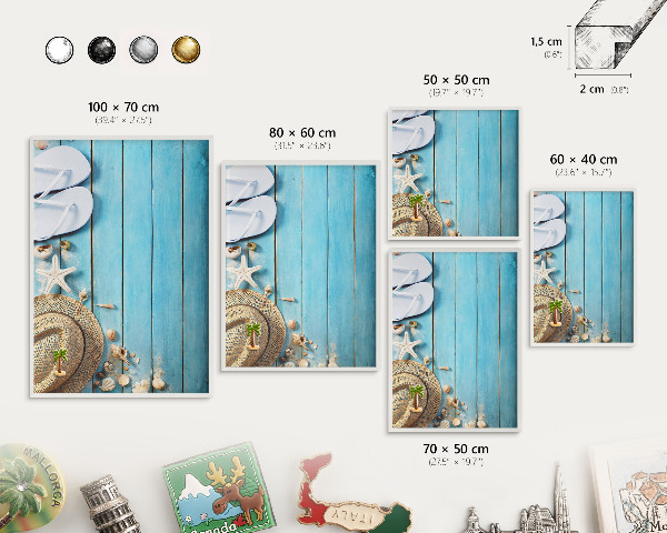 Magnetic board for travel magnets in a white frame Holiday atmosphere