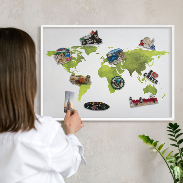 Decorative magnet board with a white frame Green map