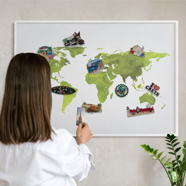 Decorative magnet board with a white frame Green map
