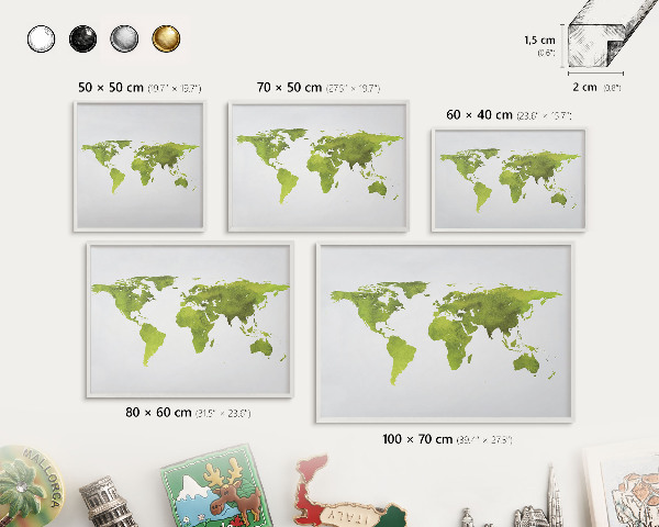 Decorative magnet board with a white frame Green map