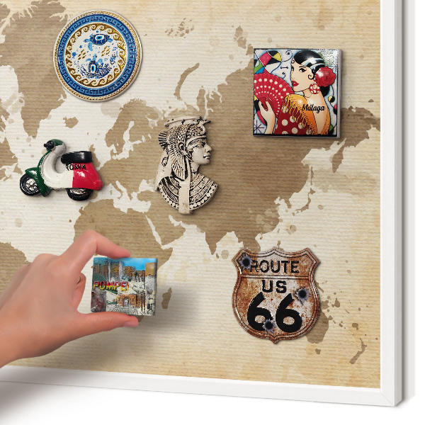 Magnetic board for travel magnets in a white frame World map