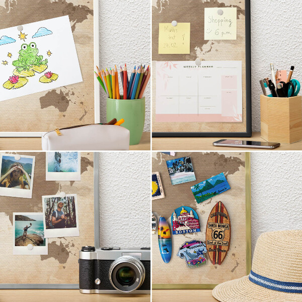 Magnetic board for travel magnets in a white frame World map