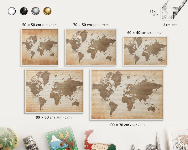 Magnetic board for travel magnets in a white frame World map
