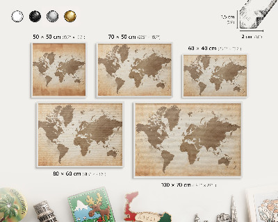 Magnetic board for travel magnets in a white frame World map