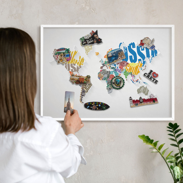 Magnetic board for travel magnets in a white frame Color map