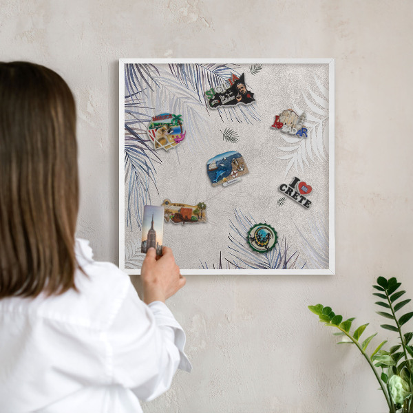 Magnetic board for travel magnets in a white frame Leafy elegance