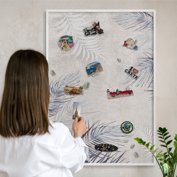 Magnetic board for travel magnets in a white frame Leafy elegance
