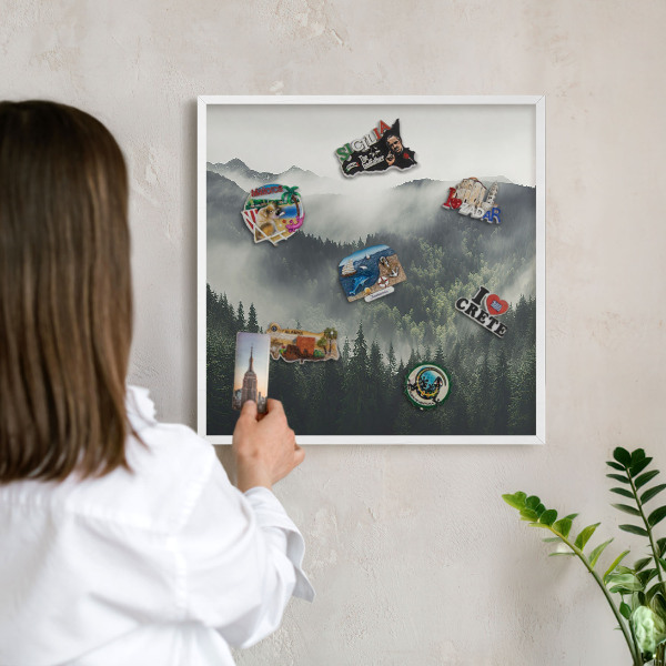 Decorative magnet board with a white frame Green mountains
