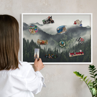 Decorative magnet board with a white frame Green mountains