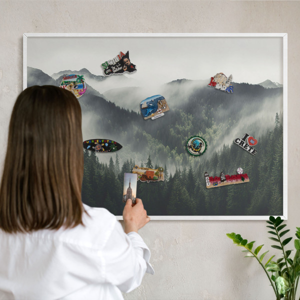 Decorative magnet board with a white frame Green mountains