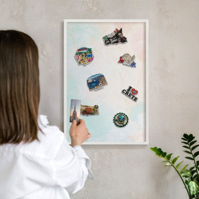 Magnetic board for travel magnets in a white frame Pastel elegance