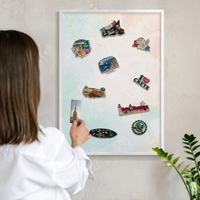 Magnetic board for travel magnets in a white frame Pastel elegance