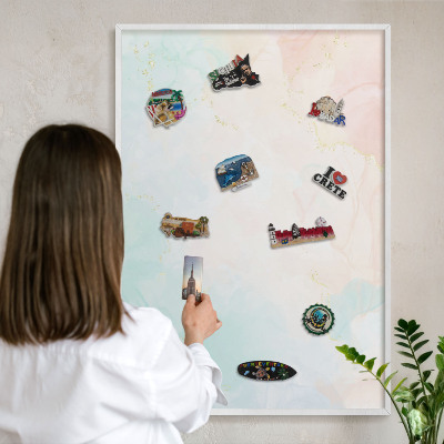 Magnetic board for travel magnets in a white frame Pastel elegance