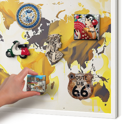 Magnetic board for travel magnets in a white frame World map