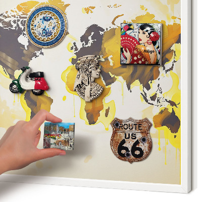 Magnetic board for travel magnets in a white frame World map