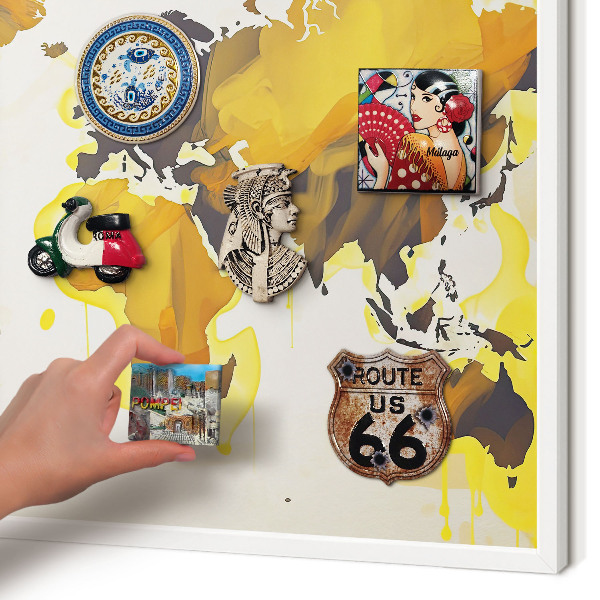 Magnetic board for travel magnets in a white frame World map