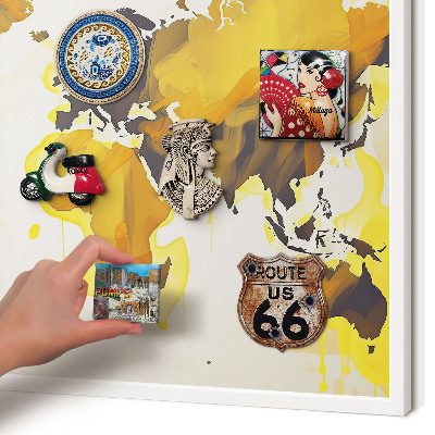 Magnetic board for travel magnets in a white frame World map
