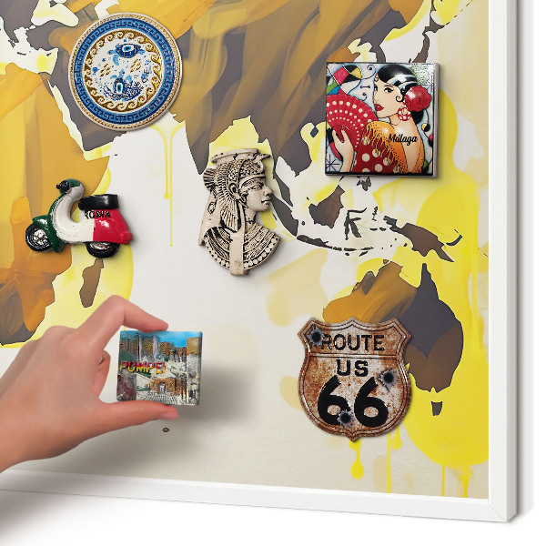 Magnetic board for travel magnets in a white frame World map