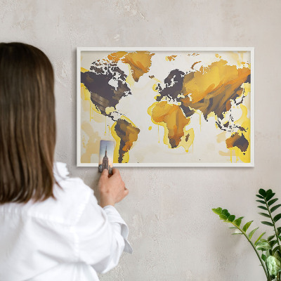 Magnetic board for travel magnets in a white frame World map