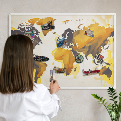 Magnetic board for travel magnets in a white frame World map