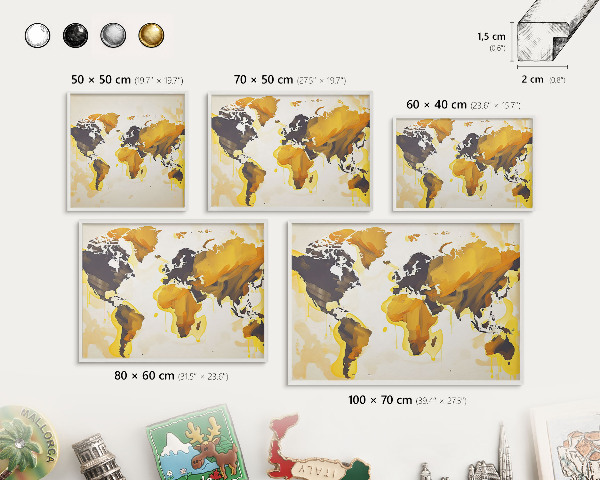Magnetic board for travel magnets in a white frame World map