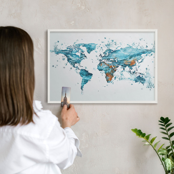 Decorative magnet board with a white frame Water map